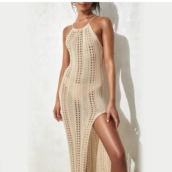 Laguna Blu Pointelle Knit Maxi Beach Midi Dress NWT Halter Open Back Tassels - Picture 1 of 13